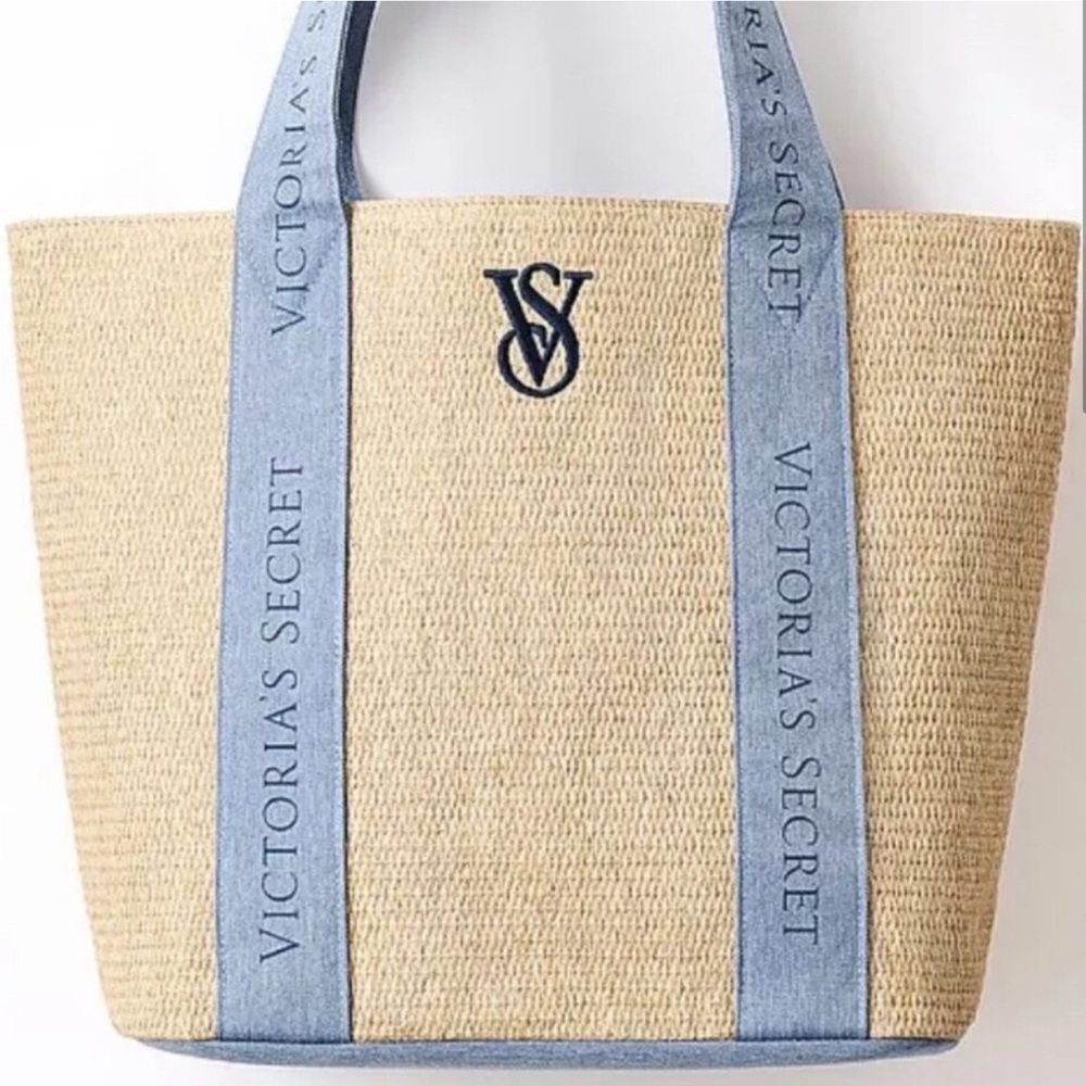 Victoria's Secret Canvas & Denim VS Logo Beach Tote, Tan & Blue - Picture 2 of 5